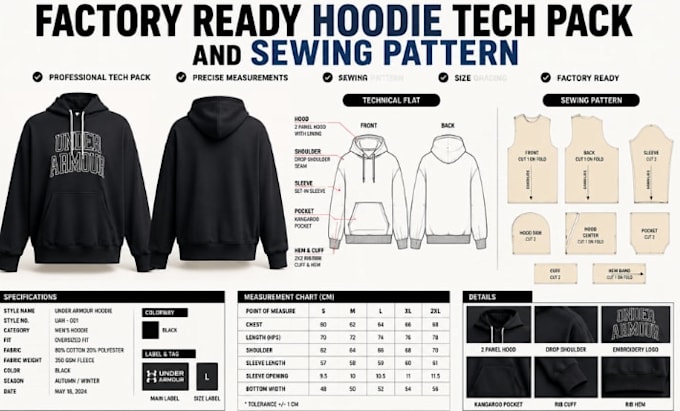 create factory ready hoodie tech pack and sewing pattern for streetwear brands
