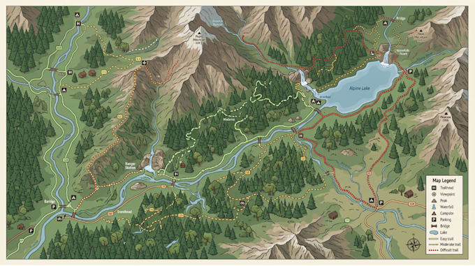 design custom hiking map, trail map, park map, or outdoor adventure map