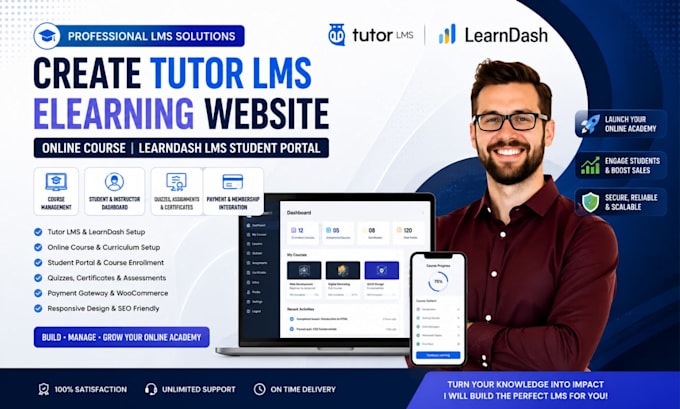 create tutor lms elearning website, online course, learndash lms student portal