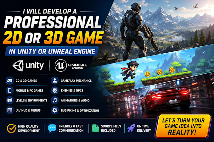 develop a professional 2d or 3d game in unity ,unreal engine