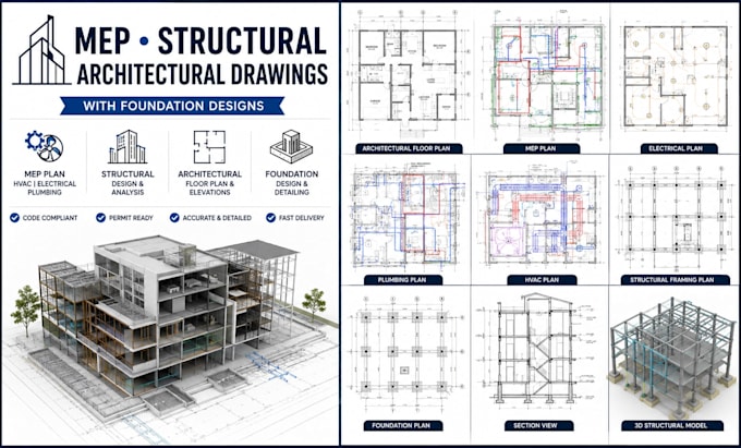 design mep plan structural and architectural drawings with foundation designs