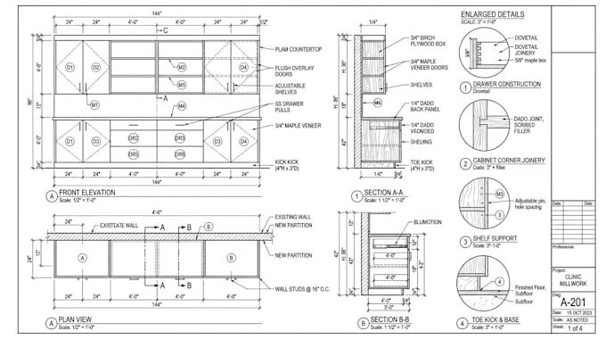 create millwork elevation, section and detailed fabrication drawing