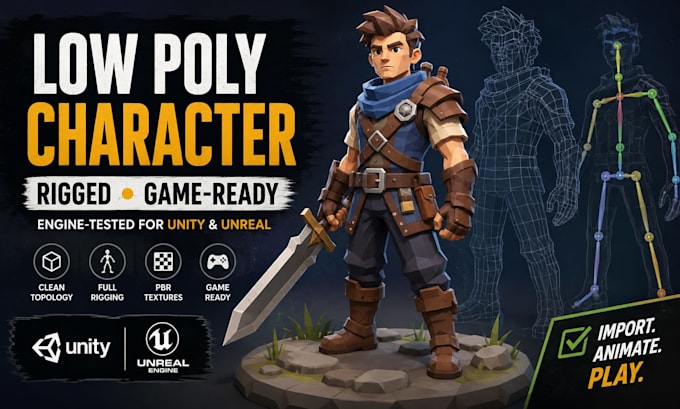 create 3d low poly character model with rigging, animation for game assets
