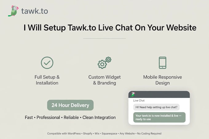 tawkto live chat on wordpress shopify wix with branding