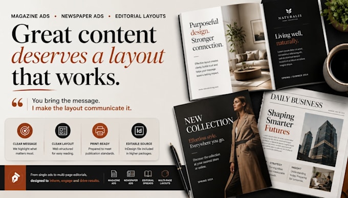 design magazine ads and newspaper ads with professional editorial layout