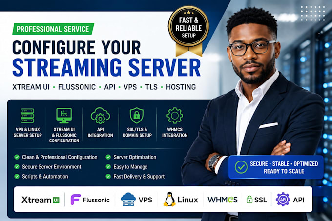 configure you an iptv server, xtream ui, flussonic, api, vps, tls hosting