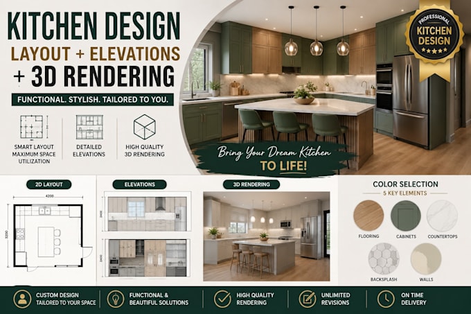 custom design your kitchen with 2d and 3d layout, materials and lighting