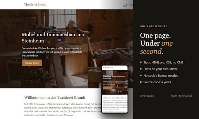 build a fast static one page website in HTML CSS javascript