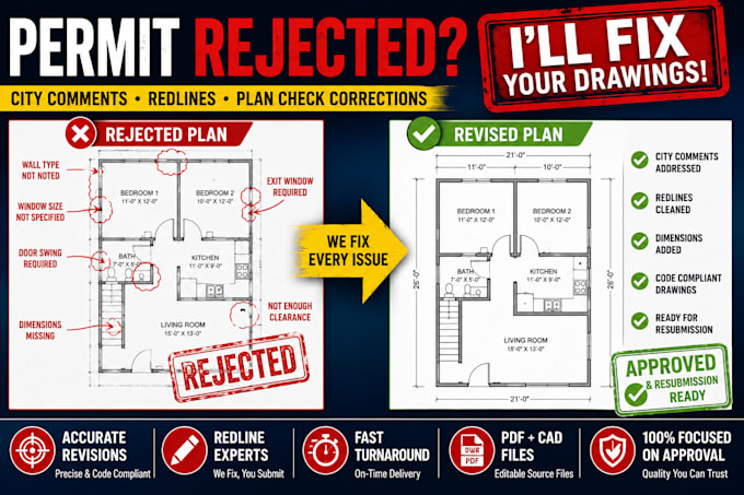fix rejected permit drawings and city plan check corrections