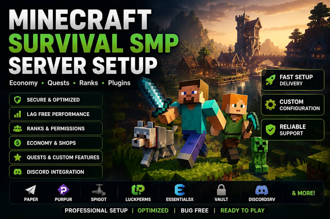 setup and configure your minecraft server, vanilla, modded, skyblock or prison