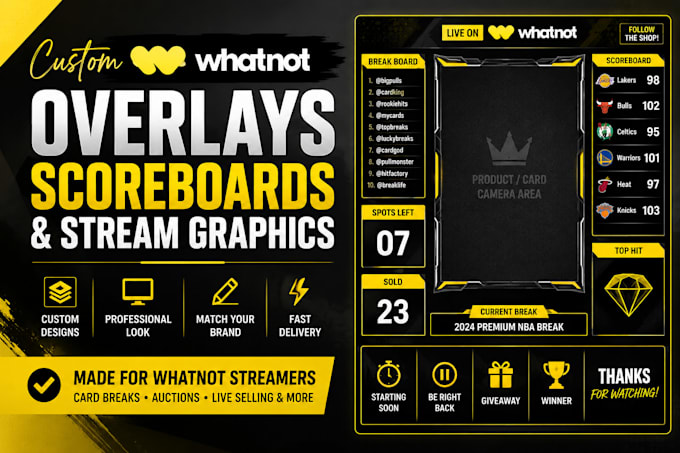 design custom whatnot overlays, scoreboards and stream graphics