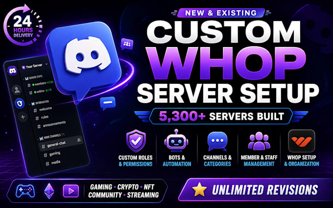 setup new and existing discord server setup, whop setup 24hrs
