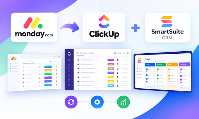 migrate monday to clickup, setup clickup workspace, smartsuite crm database
