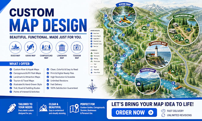 do a custom river map, kayak map, campground map, landmark map, tourism map