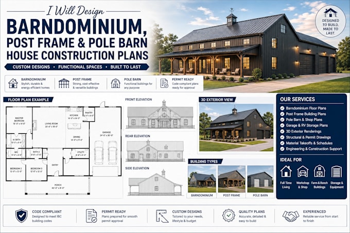 design barndominium, post frame and pole barn house construction plans