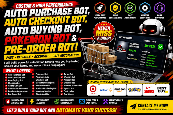 build auto purchase bot, auto checkout bot, auto buying bot, pokemon bot