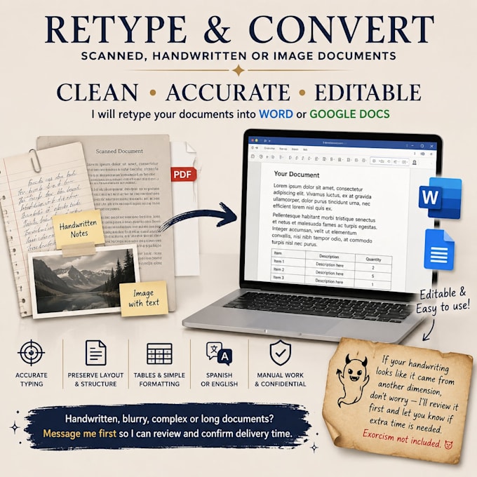 retype PDF, scanned, handwritten or image documents