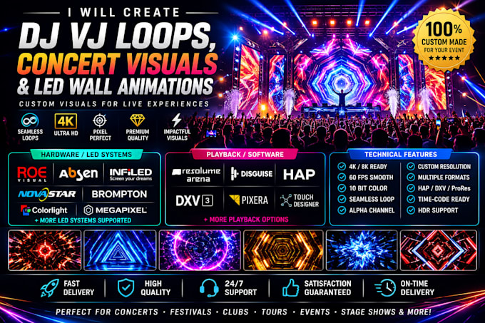 create dj vj loops, concert visuals for roe visual, absen, hap, dxv led walls