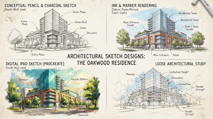 draw detailed building line art or sketch