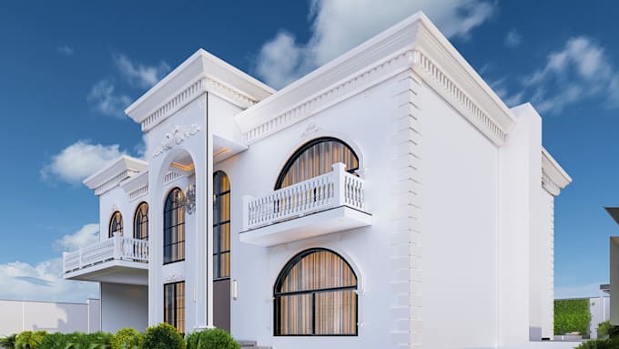 design luxury villa interior, facade and landscape in 3d