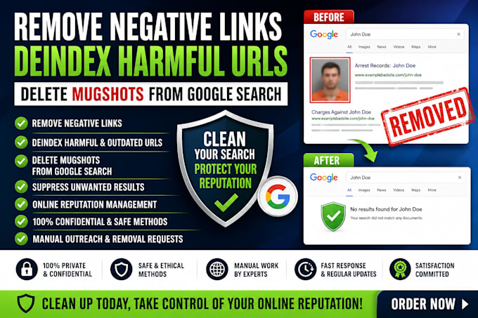 remove negative links, deindex harmful urls delete mugshots from google search