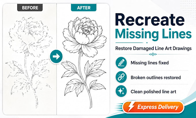 recreate missing lines and restore damaged line art drawings