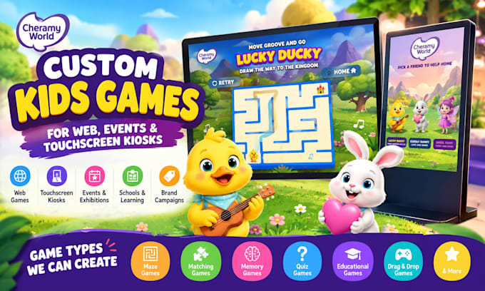 develop custom interactive kids games for web, events and touchscreen kiosks