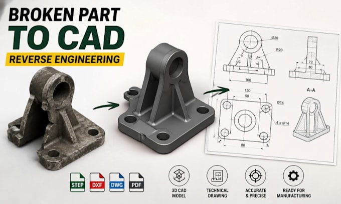 replacement part cad, reverse engineering broken machine and fabrication drawing