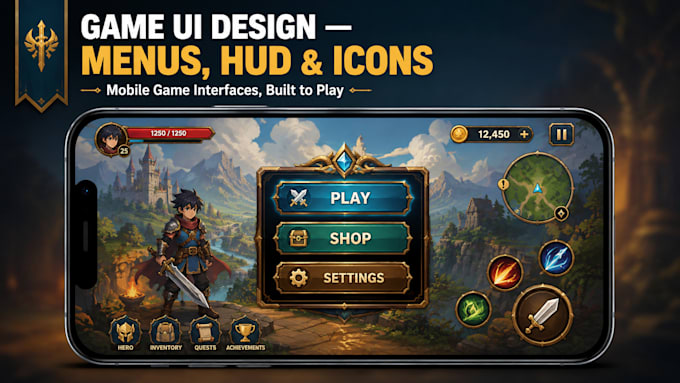 design a mobile game UI menus, hud, icons and buttons