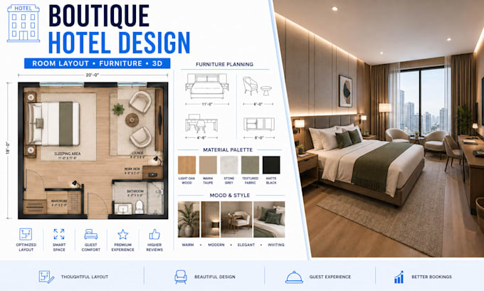 design boutique hotel interior layout with room setting and space planning