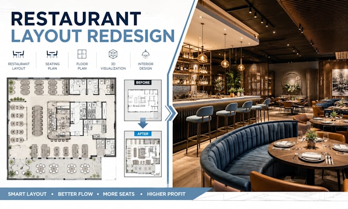 do restaurant layout redesign with seating plan, interior and 3d visualization