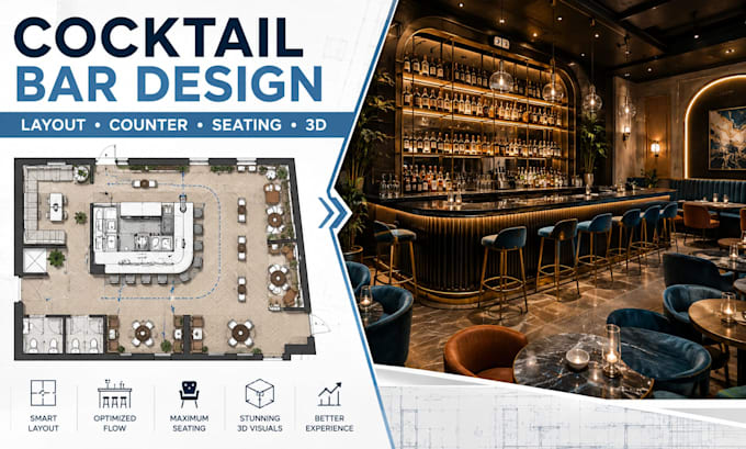 design bar interior layout with cocktail counter, seating plan and 3d rendering