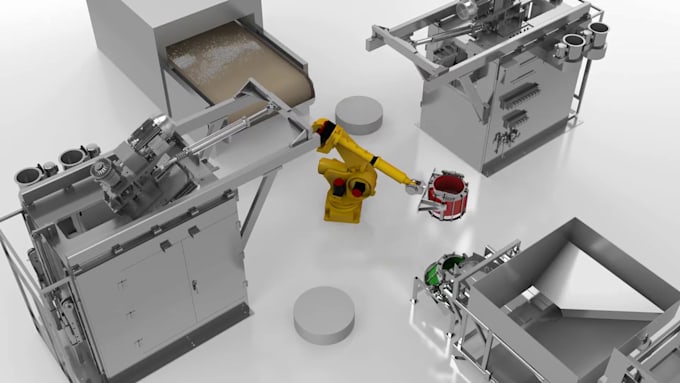 create 3d robotic arm, factory automation and industrial animation