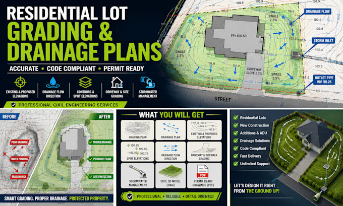 design lot grading, drainage plans, flood risk plan, stormwater design