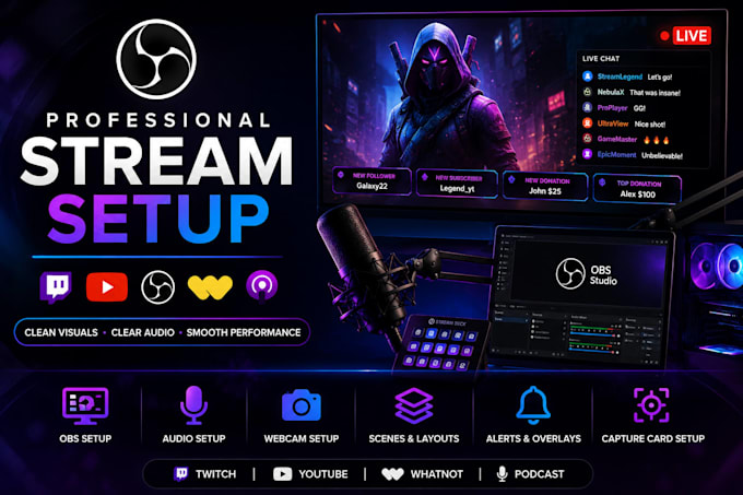 setup podcast live streaming with obs, cameras, audio and scenes