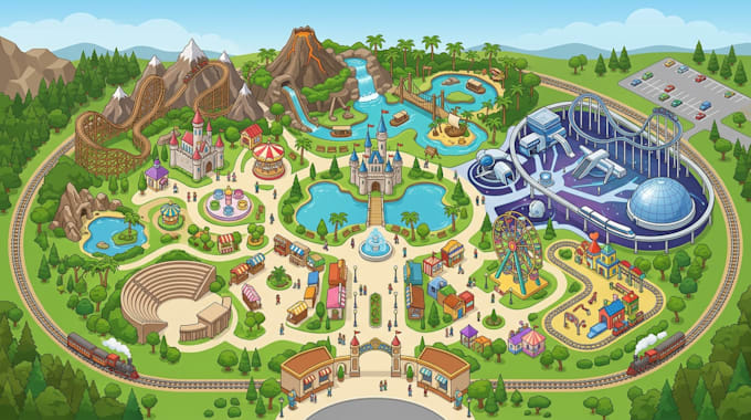 design amusement park map, theme park map, resort and attraction map