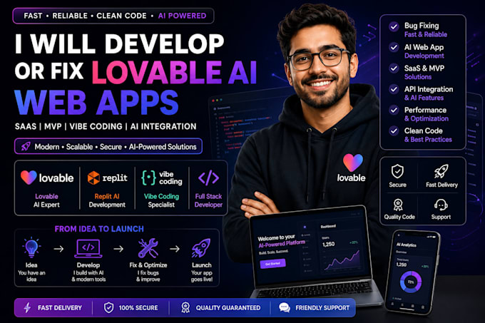 develop or fix lovable ai web apps, saas mvp, vibe coding, replit ai, loveable