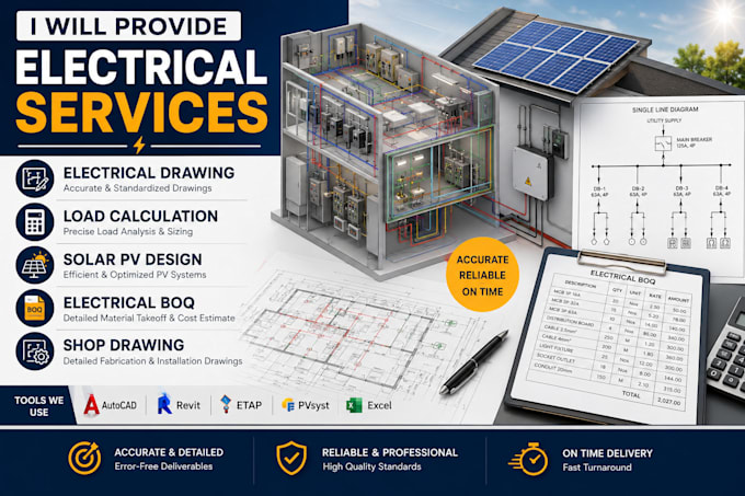 create electrical drawing, load calculation, solar pv design, boq and shop draw