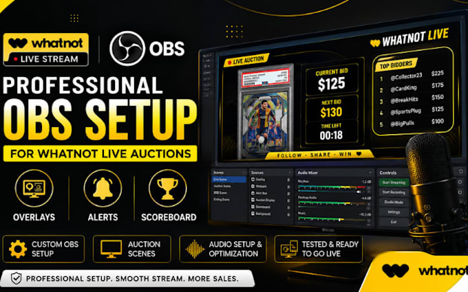 setup obs for whatnot live stream, auctions, overlays, alerts and scoreboard