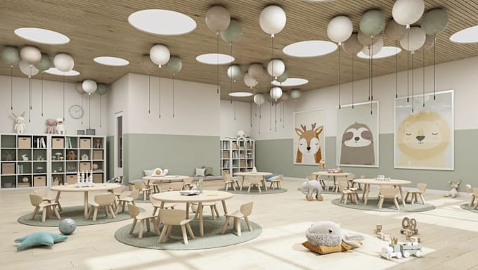 revamp 3d classroom interior,nursery room layout, children learning space render