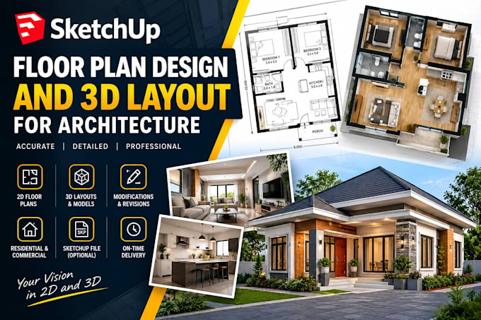 do sketchup floor plan design and 3d layout for architecture