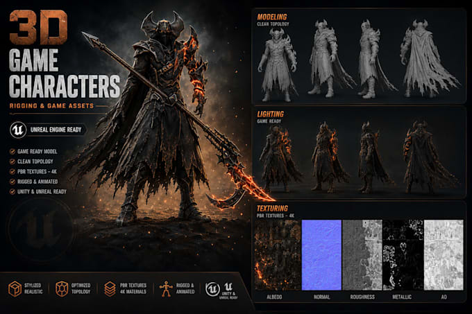 create 3d game character models, rigging and game ready assets for unreal engine