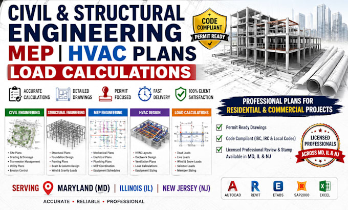 civil and structural engineering mep hvac plans load calculations MD illinois nj