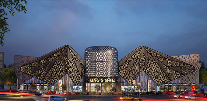 develop cgi commercial mall,shopping hub design, biomimetic retail facade render