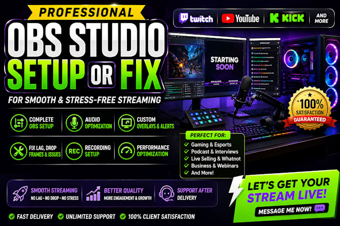 setup or fix obs studio setup for youtube, kick, tiktok studio live streaming