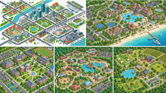 create an interactive isometric map for city map, tourism map, wayfinding map
