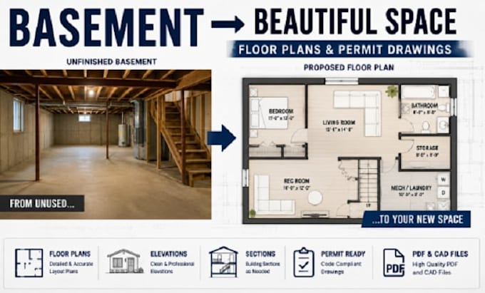 create basement finishing plans and permit drawings