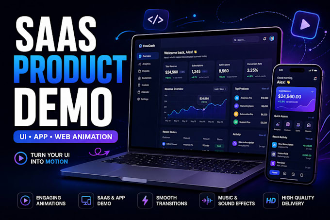 create a saas product demo, UI animation, or app explainer video