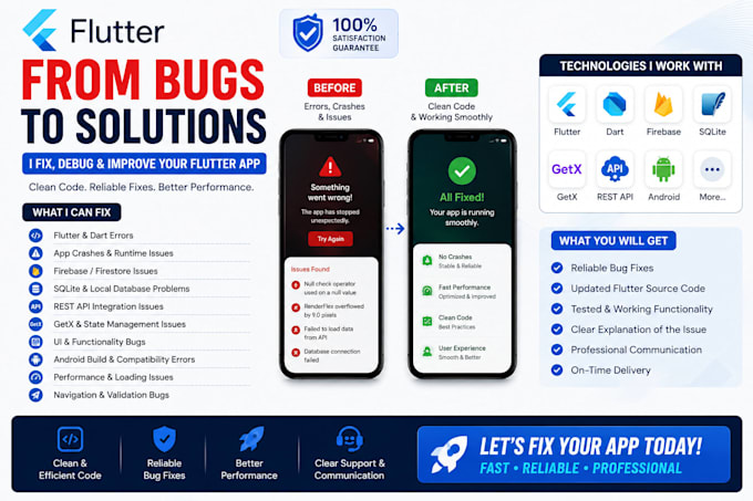 fix flutter bugs, errors, crashes, and issues in your flutter app