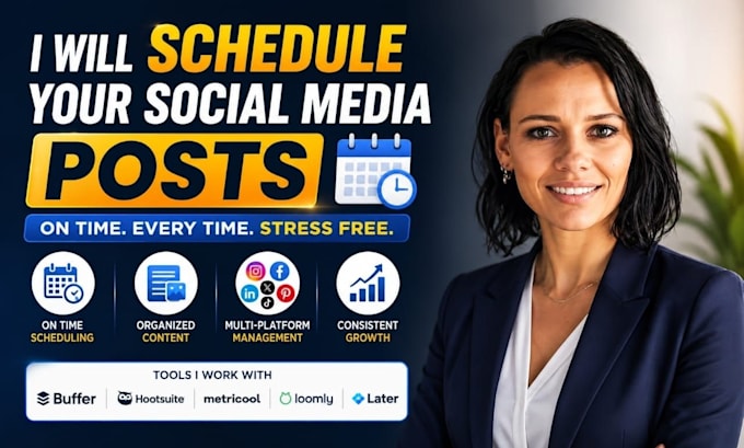 schedule your social media  posts using buffer , hootsuite, loomly and metricool
